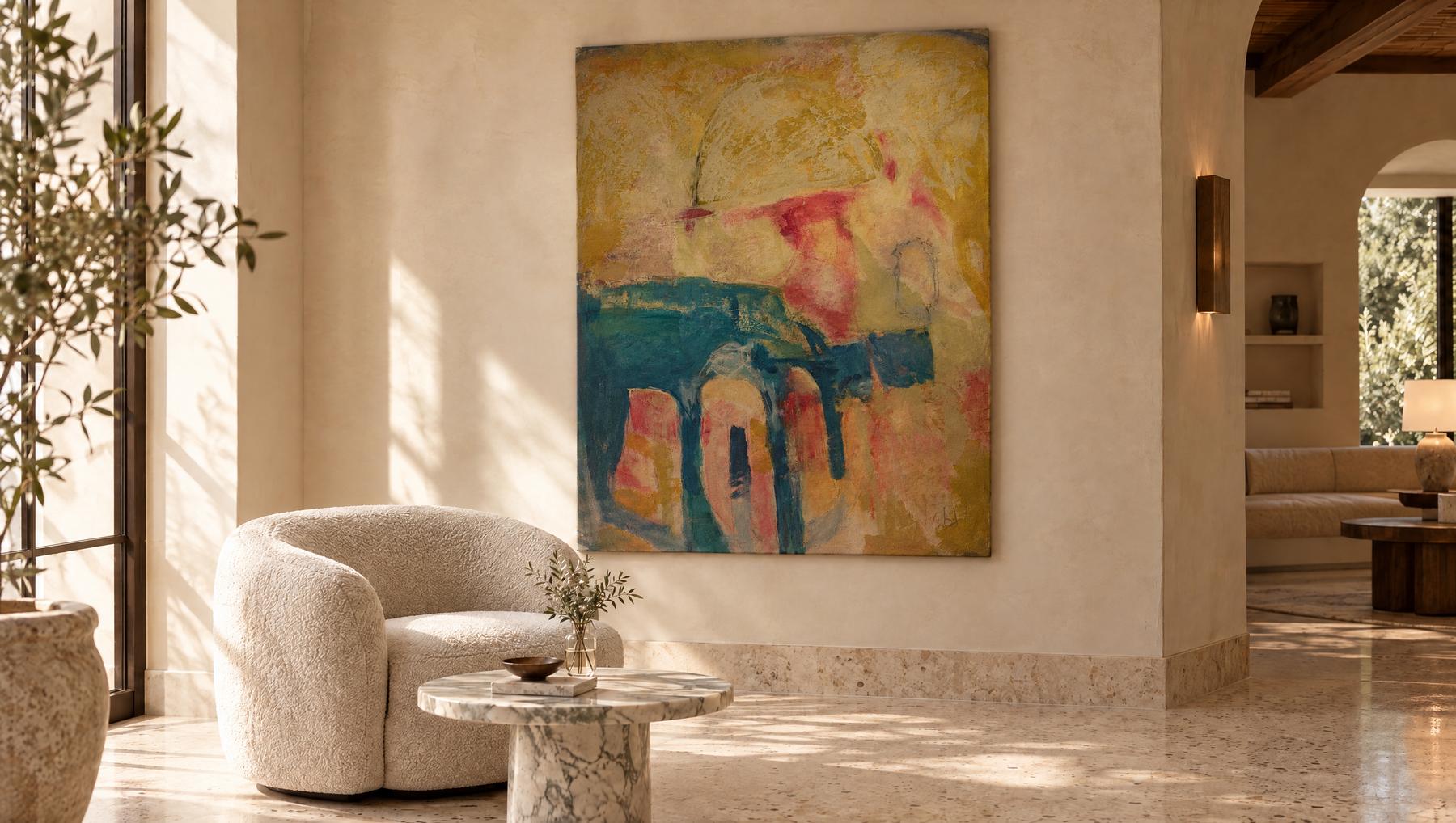 Arcade, a 80 by 62 inch abstract painting by Yvonne Stevenson, shown in a hotel lounge