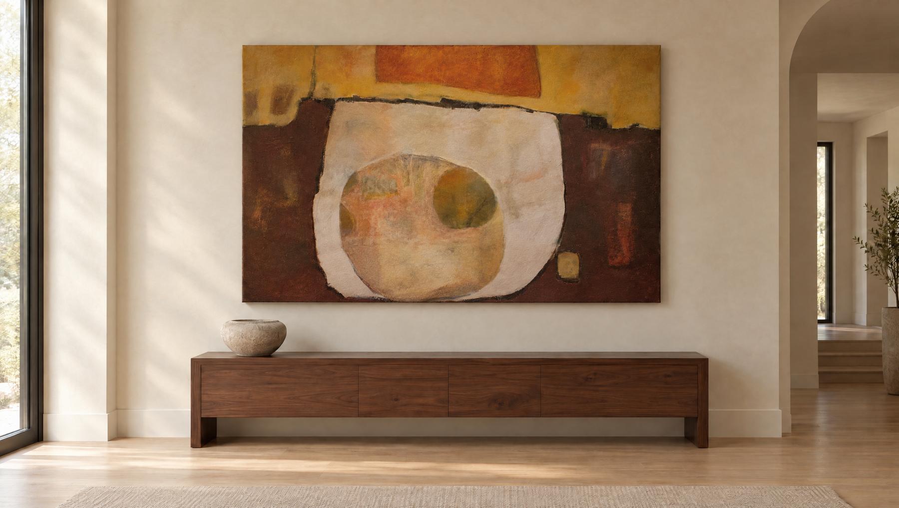 Harvest, a 50 by 70 inch abstract painting by Yvonne Stevenson, shown in a entry hall