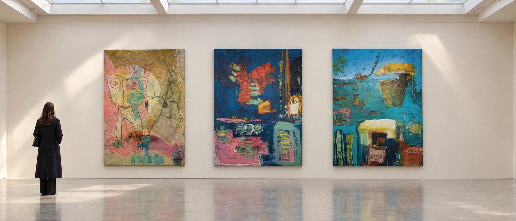Three large abstract canvases by Yvonne Stevenson on a museum wall, a visitor standing small beside them