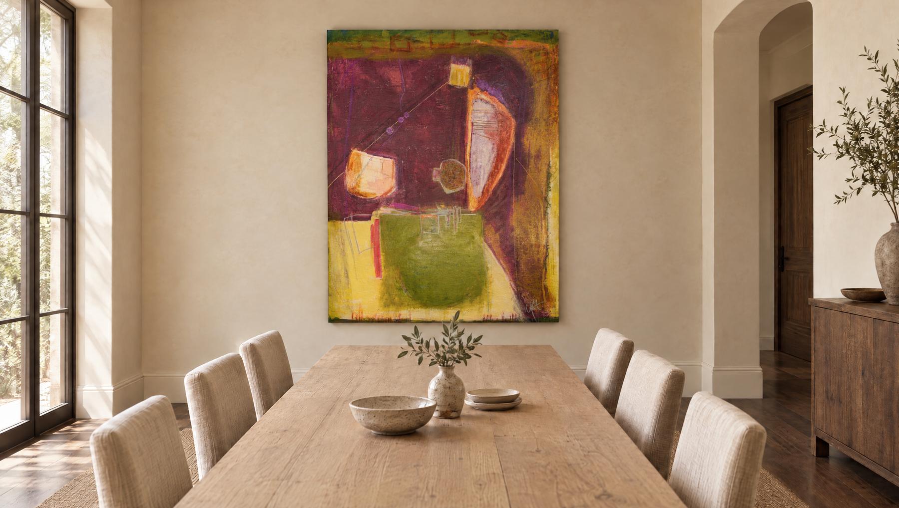 Mondegreen, a 70 by 50 inch abstract painting by Yvonne Stevenson, shown in a private dining room