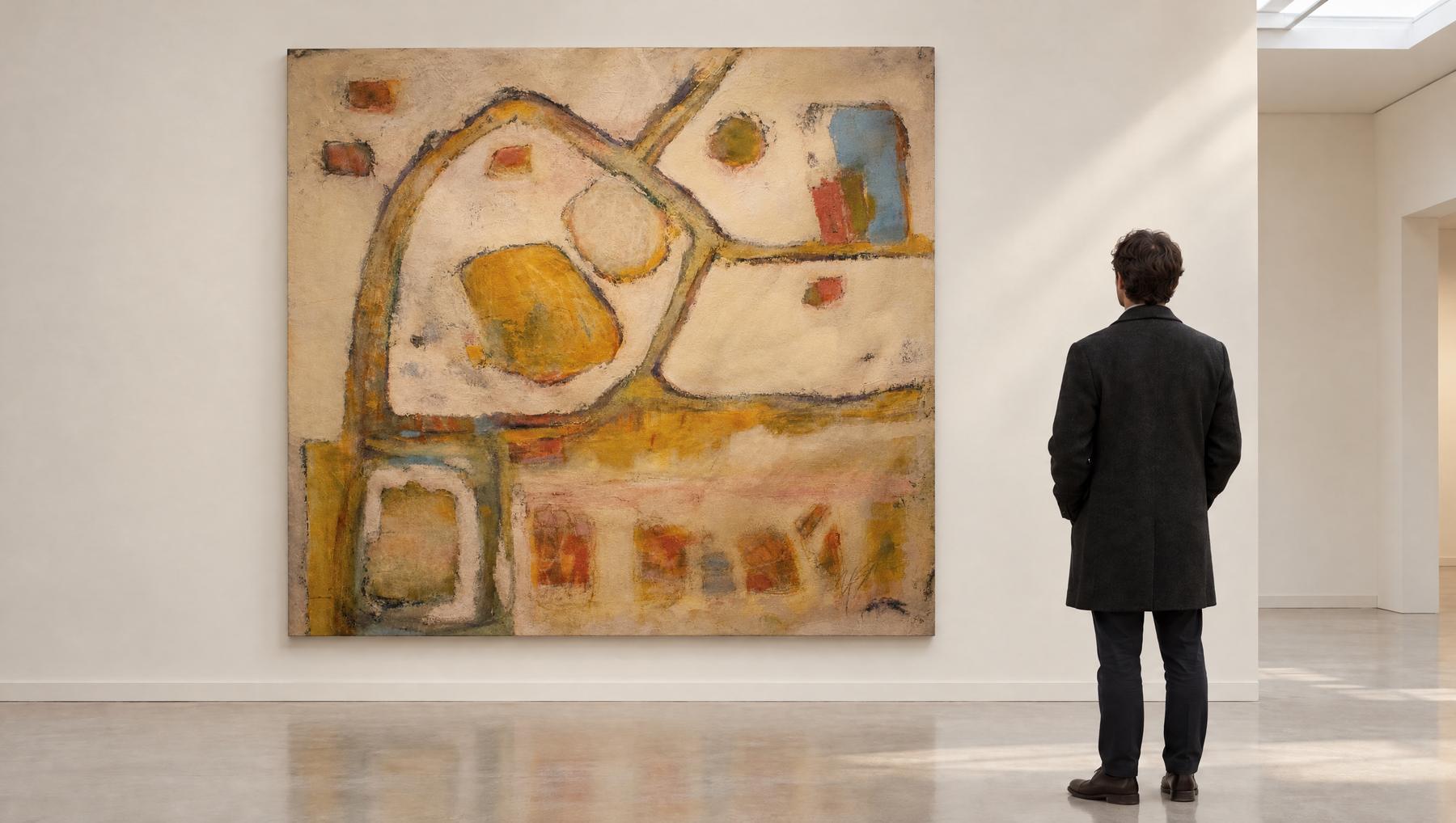 No. 48, a 80 by 80 inch abstract painting by Yvonne Stevenson, shown in a museum gallery