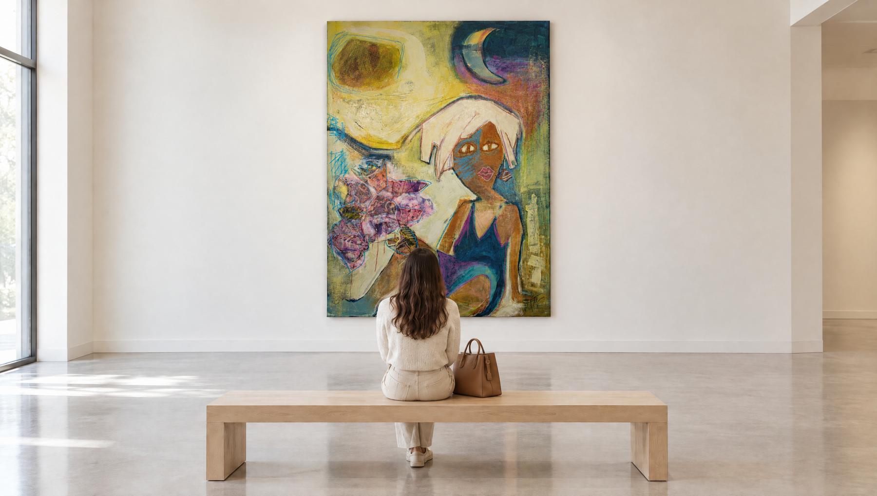 Yet Fetching, a 70 by 50 inch abstract painting by Yvonne Stevenson, shown in a white cube